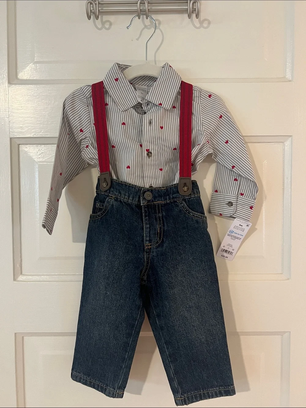 Carter's Striped Button Shirt with Red Suspenders & Dark Blue Jeans